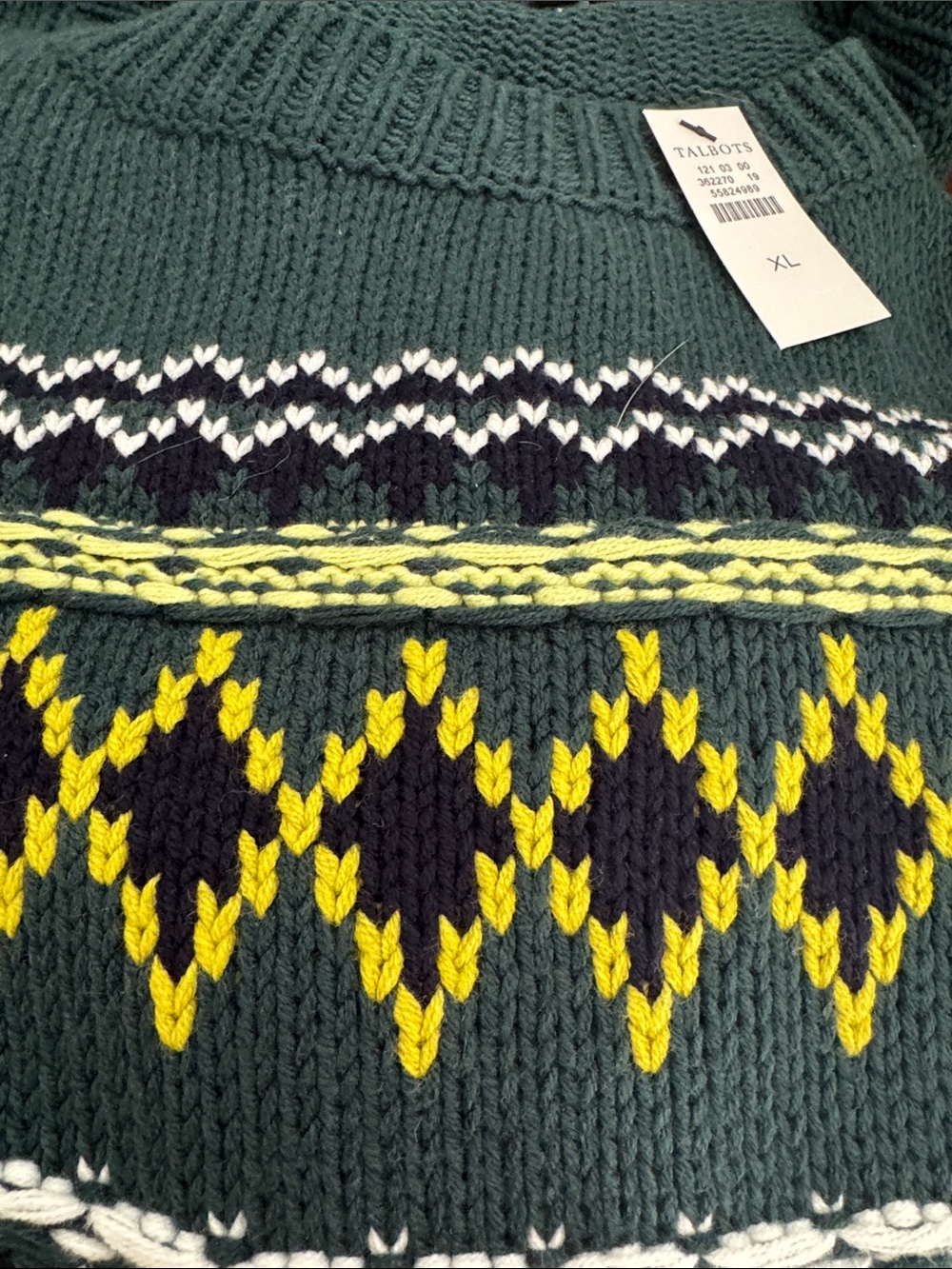 Talbots Dark Green Fair Isle Crewneck Sweater with Yellow Pattern